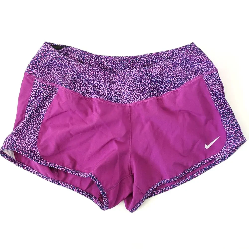 Nike Dri Fit Women's Printed Panel Crew Shorts Running Purple Spotted Small S